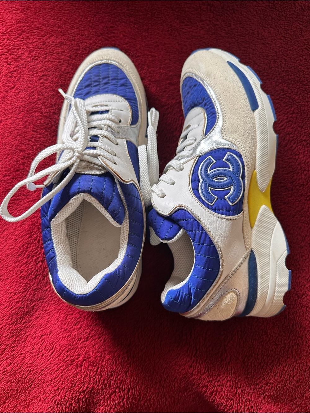 CHANEL Blue and White Quilted Logo Sneakers